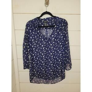 Justify large navy blue with white birds sheer tunic